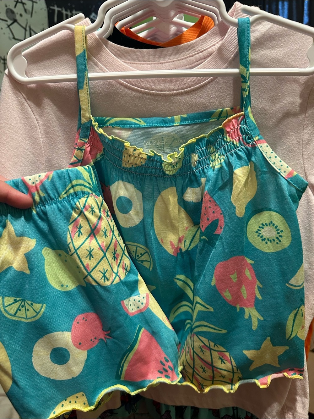 Cat & Jack Teal Tropical Fruit Pajama Set with Pink and Yellow Accents